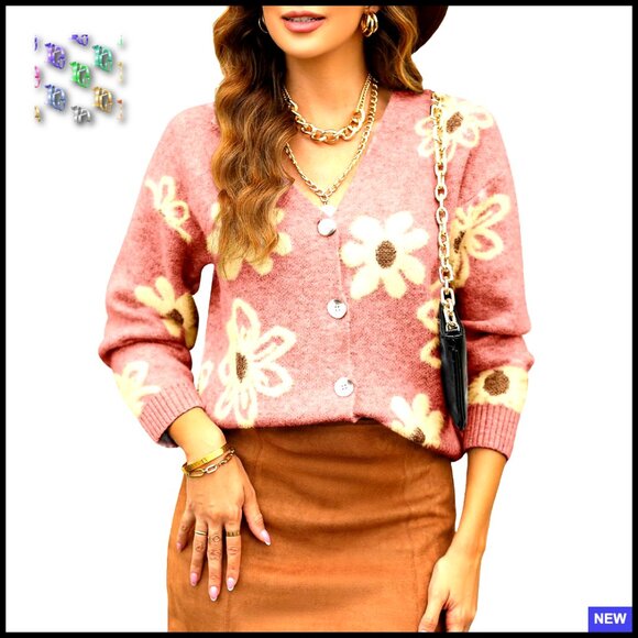 Open Front V-Neck Knit Cardigan Sweater Long Sleeve Floral Chunky Oversized